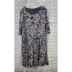 Peruvian Connection Blue Baroque Floral Dress  XL Midi Pockets Viscose Jersey